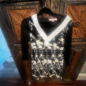 Young Essence Black Dress with White Lace Trim